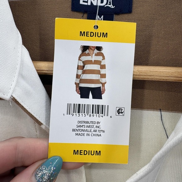 Lands End Rugby Shirt Womens Medium Brown White Stripe Long Sleeve Polo Top NWT - Picture 5 of 12